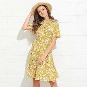 Mustard yellow Tie Neck Daisy Tea Dress